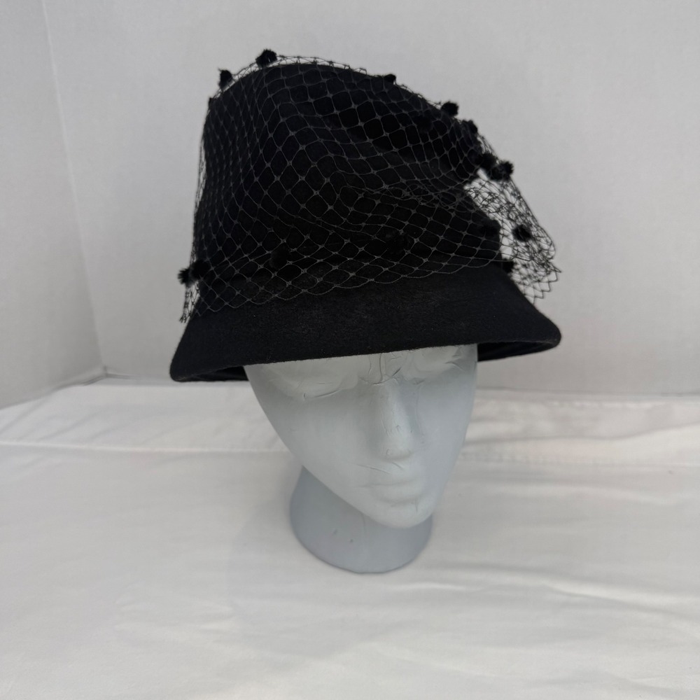 Vintage Glamour Felts Black Wool Cloche Hat with Pom Pom Birdcage Veil USA Made
